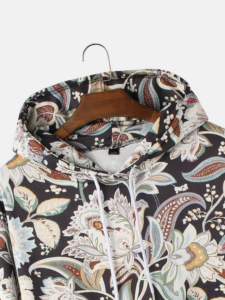 Mens Vintage Floral Print Long Sleeve Hoodies With Kangaroo Pocket - Trendha