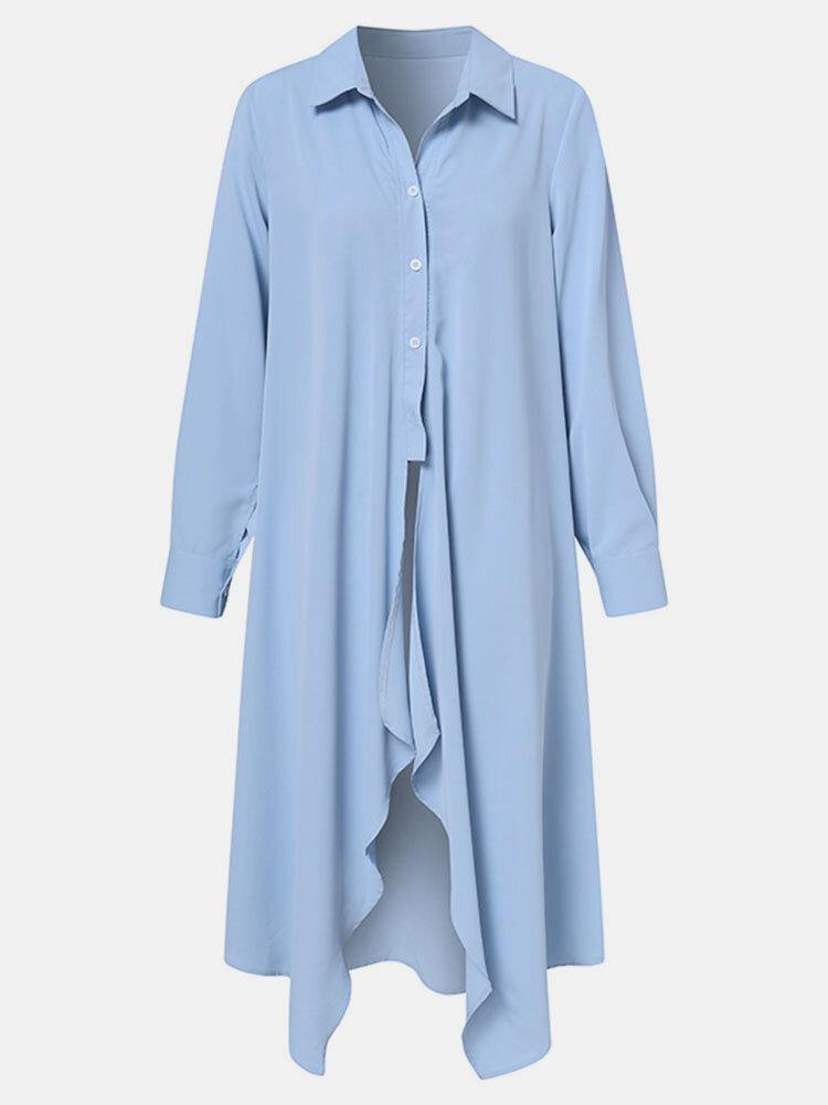 Pure Color Turn-down Collar Long Sleeve Button Irregular Hem Shirt Dress - Trendha