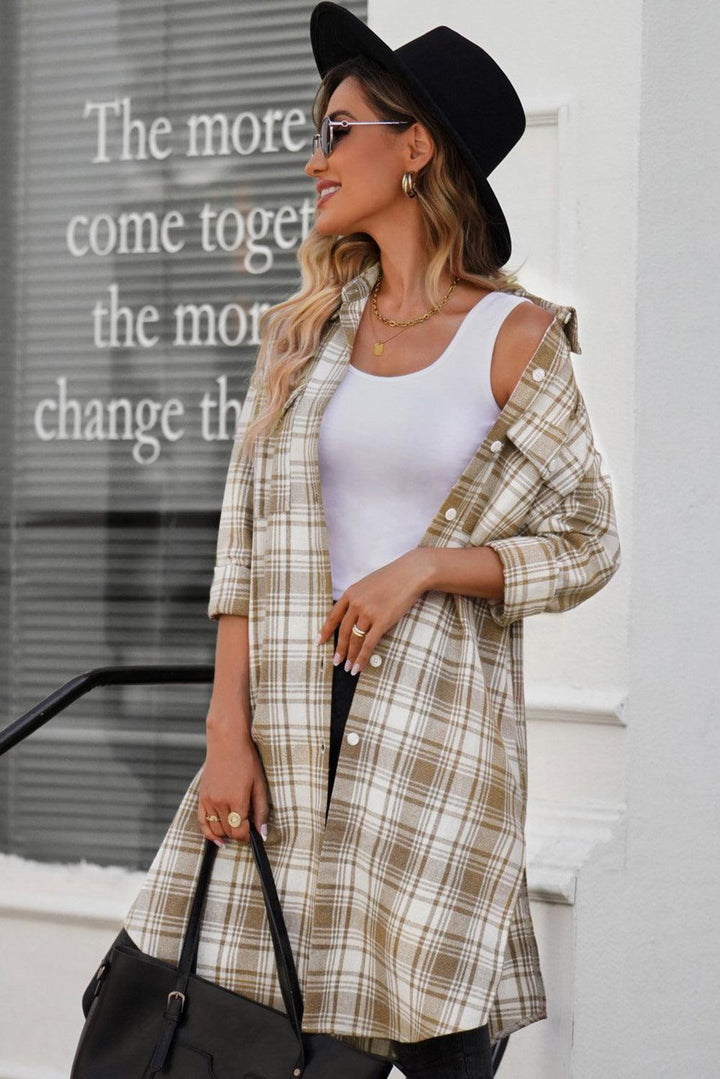 Plaid Button-Up Longline Shacket with Breast Pockets - Trendha