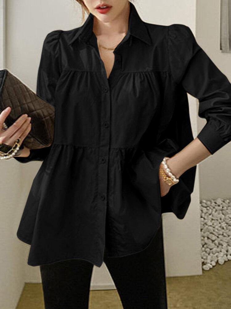 Woman Puff Sleeve Retro Solid Layered Blouse - Trendha