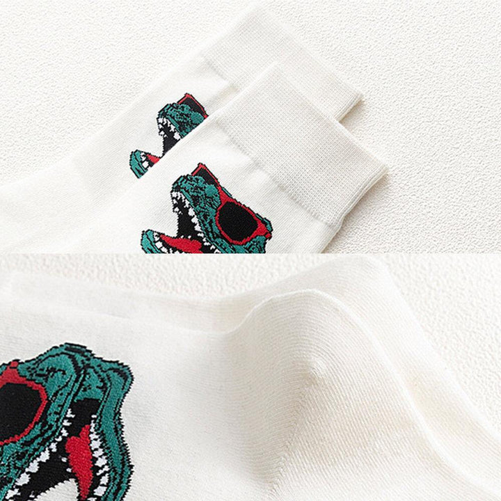 5Pcs Men Cotton Solid Cartoon Dinosaur Pattern Casual Sport Outdoor Anti-Slip Tube Socks - Trendha