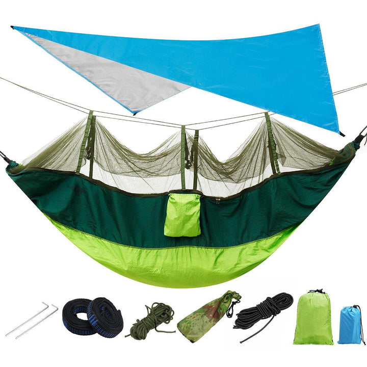 IPRee® 300KG Load 18pcs/set Lightweight Portable Camping Hammock and Tent Awning Set Rain Fly Tarp Mosquito Net Canopy 210T Nylon Hammocks, Waterproof 2000 Tree Straps Sun Shelter - Trendha