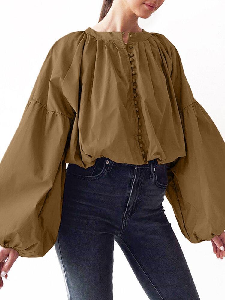 Puff Sleeve Casual Solid Color Button Up O-Neck Pleated Stylish Blouse For Women - Trendha
