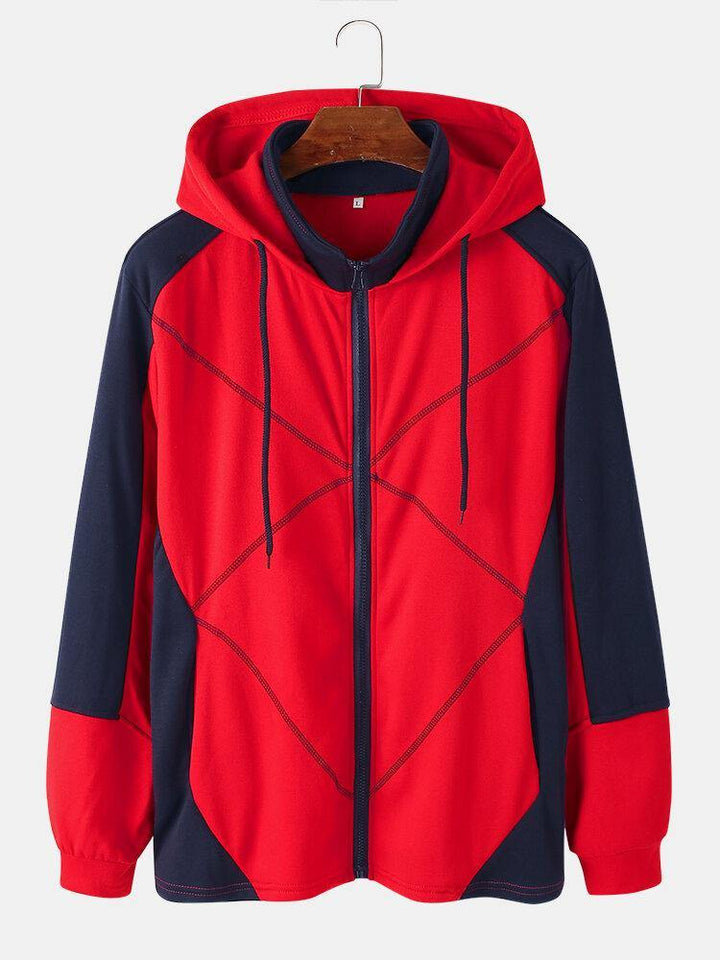 Mens Patchwork Contrast Color Zipper Casual Sports Hooded Jacket - Trendha
