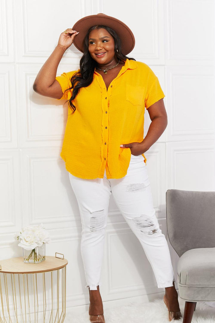 Zenana Full Size Summer Breeze Gauze Short Sleeve Shirt in Mustard - Trendha