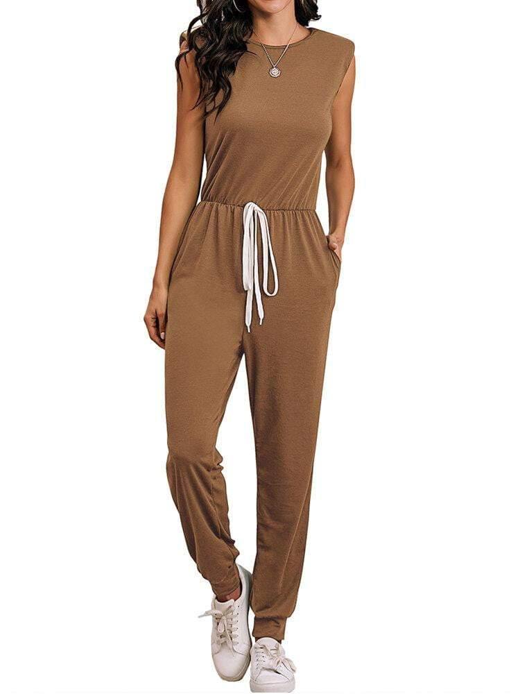 Sleeveless Round Neck Drawstring Waist Loose Button Back Jumpsuits For Women - Trendha