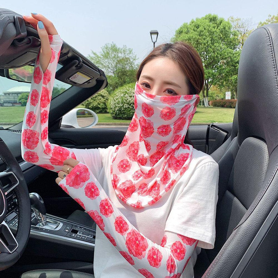 Women Two-pieces Sunscreen Outdoor UV Protection Ice Silk Sleeve Arm Guard Sleeve Cover Face Breathable Veil Mask - Trendha