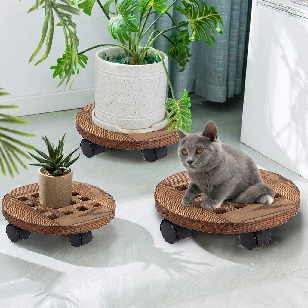 Rolling Wooden Planter Caddy Potted Plant Stand With Wheels Round - Trendha