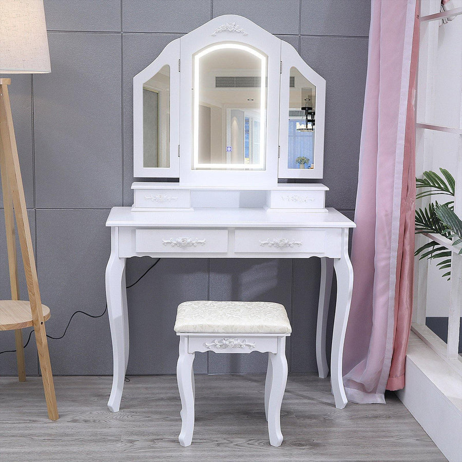 Vanity Beauty Station Makeup Table And Wooden Stool 3 Mirrors With LED Lights - Trendha