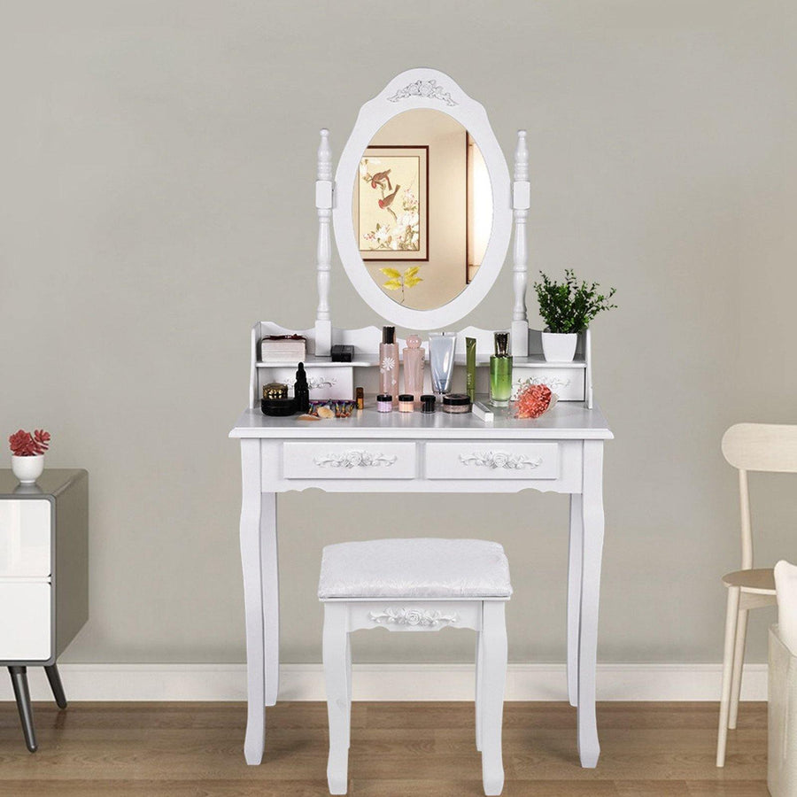 Vanity Table Set With Oval Mirror With 4 Drawers Dressing Table Cushioned Stool - Trendha