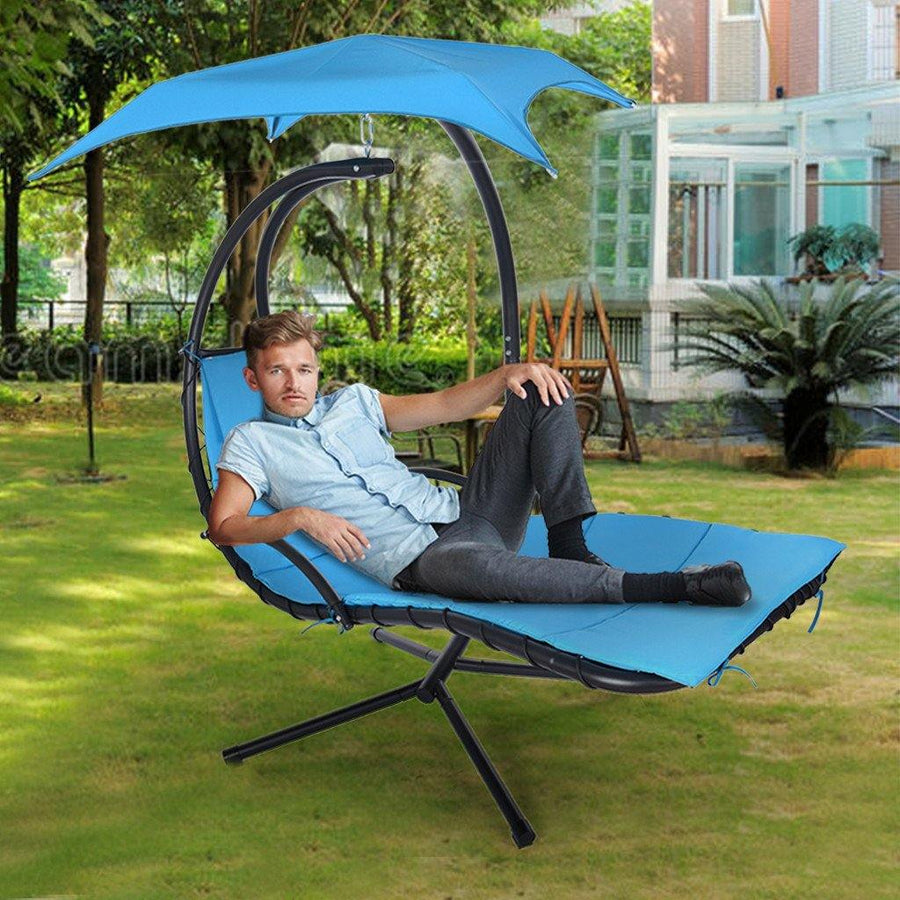 Hanging Curved Steel Chaise Lounge Chair Swing W/Built-in Pillow And Canopy - Trendha