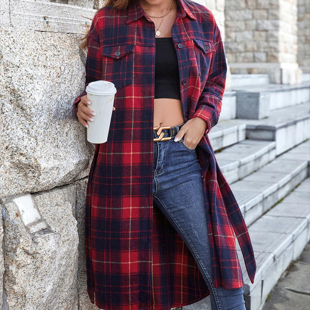 Plaid Belted Button Down Longline Shirt Jacket - Trendha