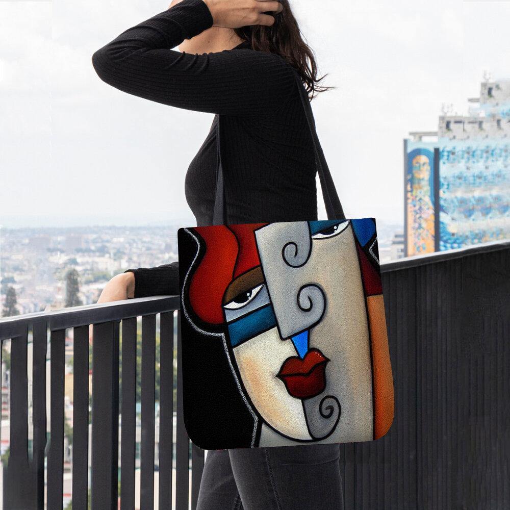 Women Felt Picasso Style Multicolor Cartoon Figure Print Handbag Shoulder Bag Tote - Trendha
