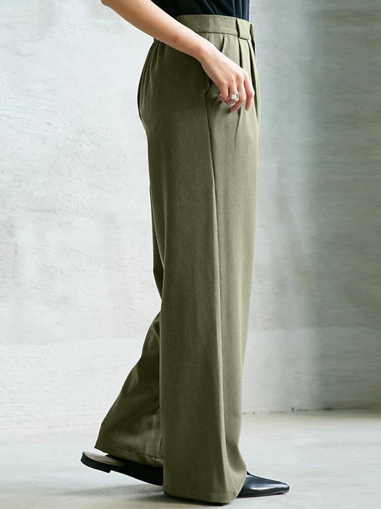 Women Solid Pleated Elastic Waist Casual Pants Straight Trousers With Pocket - Trendha
