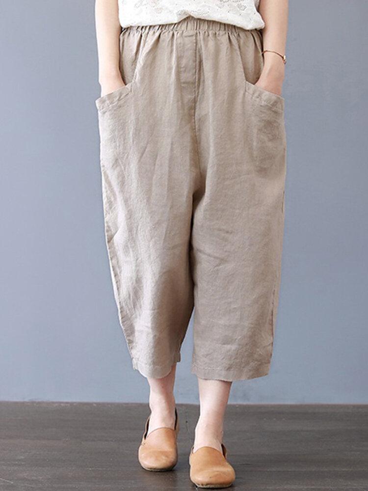 Plus Size Women Cotton Loose Harem Pants with Pockets - Trendha