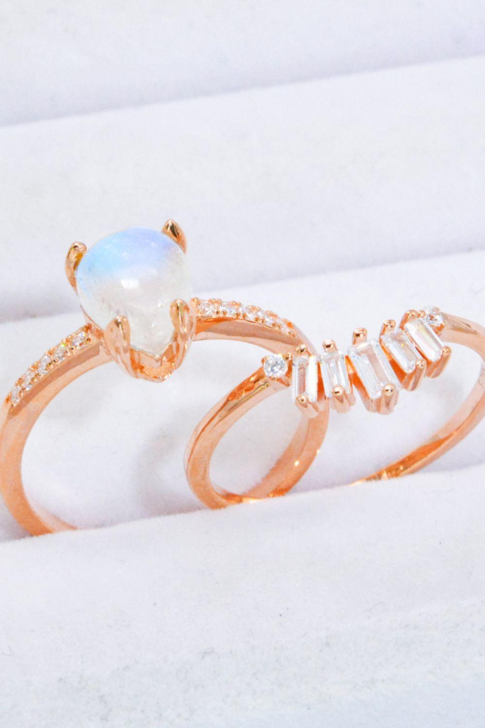 Natural Moonstone and Zircon 18K Rose Gold-Plated Two-Piece Ring Set - Trendha
