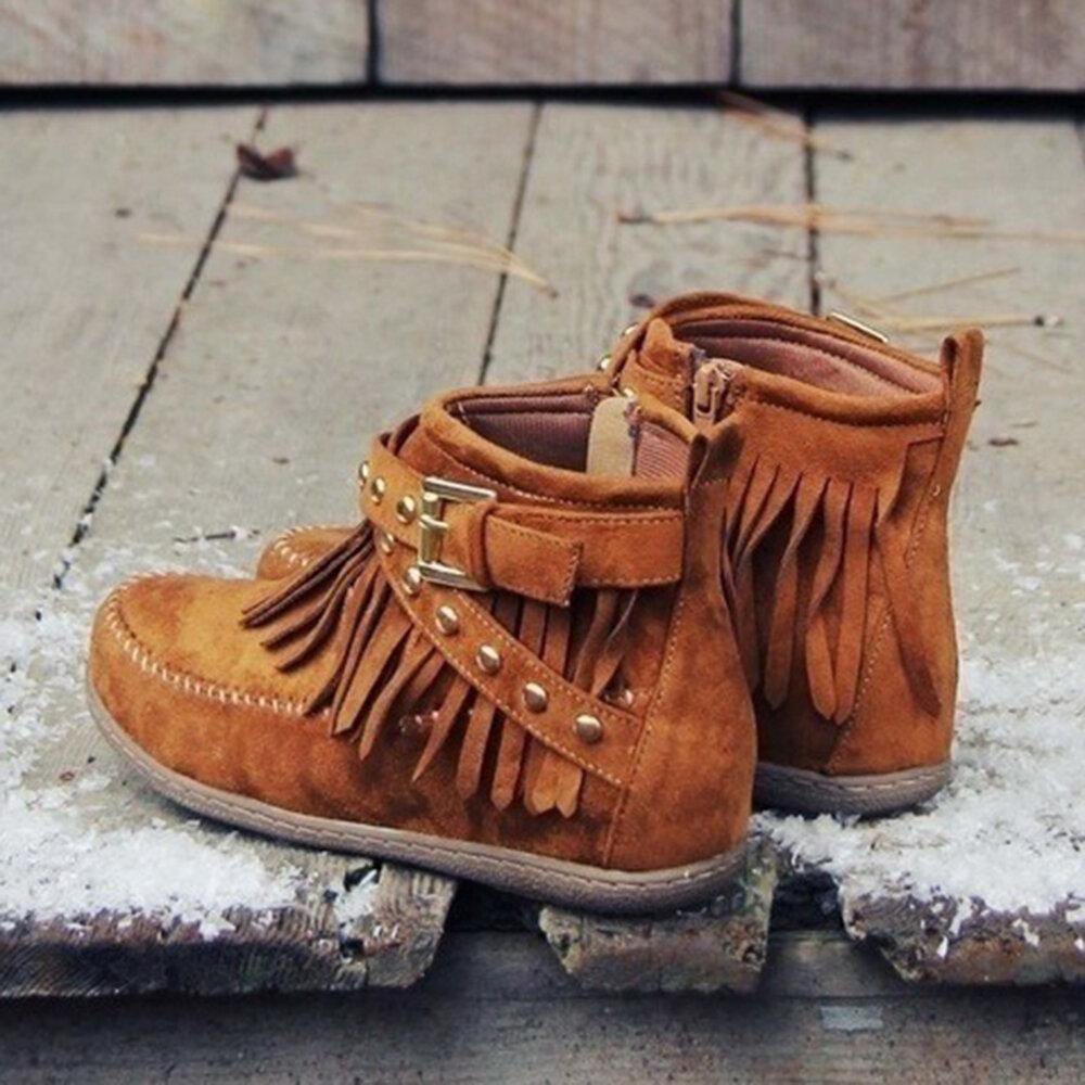 Stylish Women's Suede Ankle Boots with Tassel & Metal Buckle - Large Sizes Available - Trendha