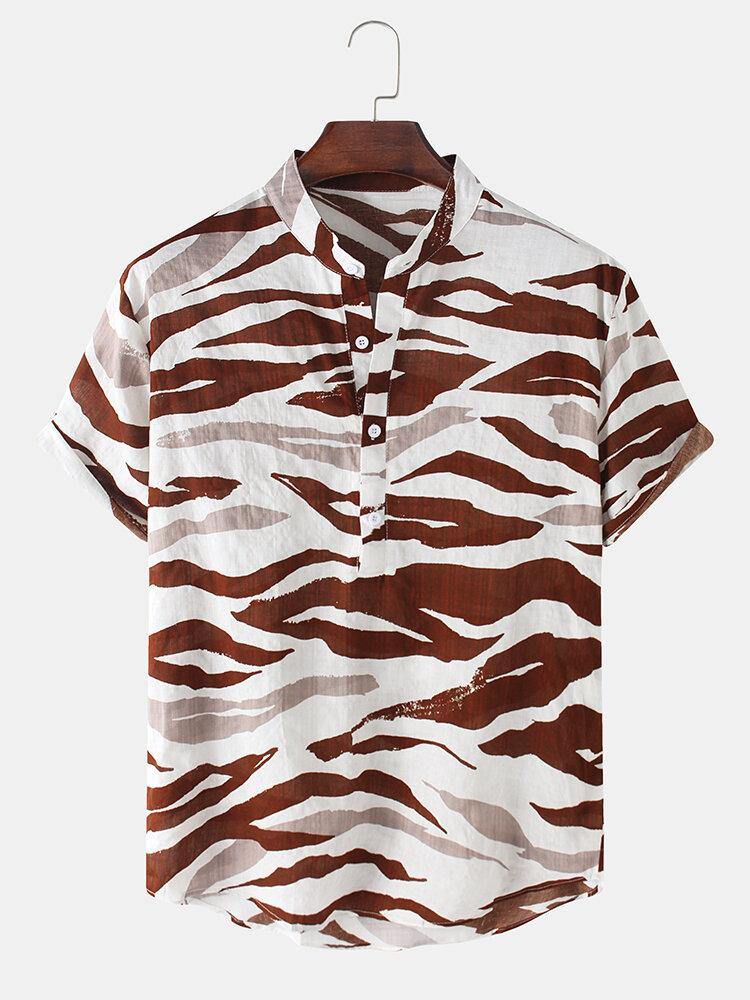 Mens Tiger pattern Print Henley Collar Short Sleeve Shirts - Trendha