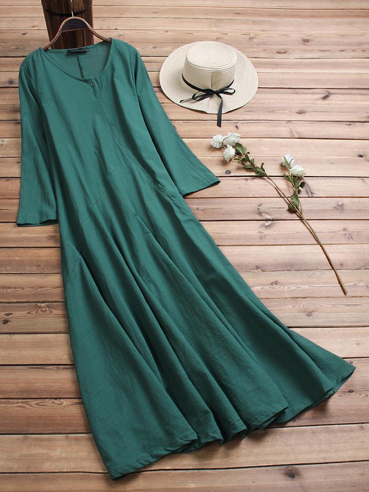 Vintage Women Cotton O-Neck Solid Color Irregular Hem Maxi Dress - Trendha