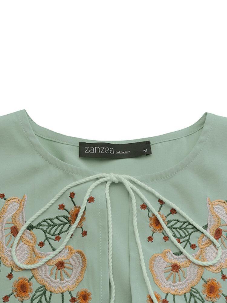 Women Floral Embroidery Tassel Tie Neck Lettuce Trim Casual Long Sleeve Mini Dresses - Trendha