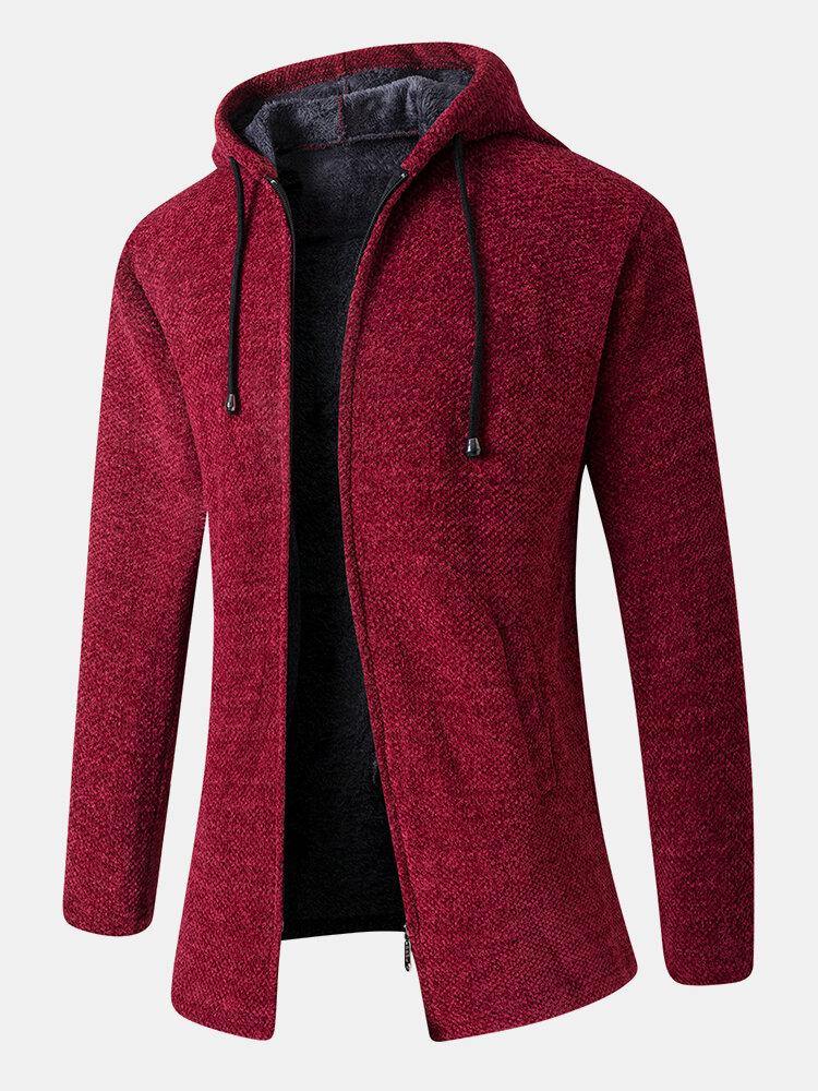 Mens Solid Color Warm Mid-Length Drawstring Hoodie Knitting Coat With Pocket - Trendha