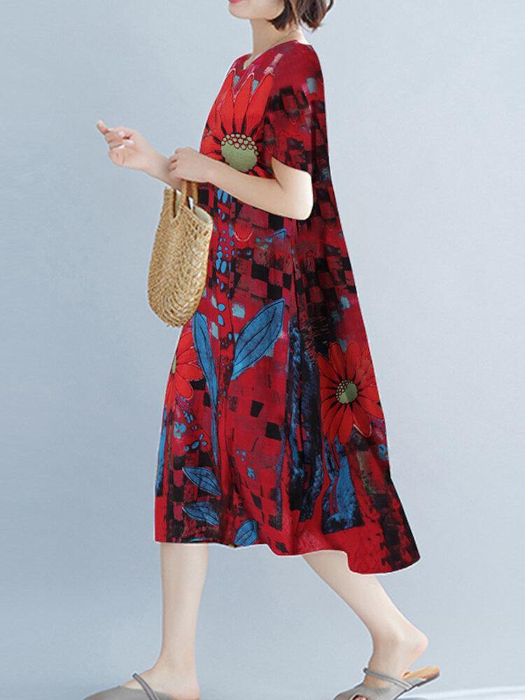Contrast Color Floral Print O-neck Short Sleeve Pocket Midi Dress - Trendha