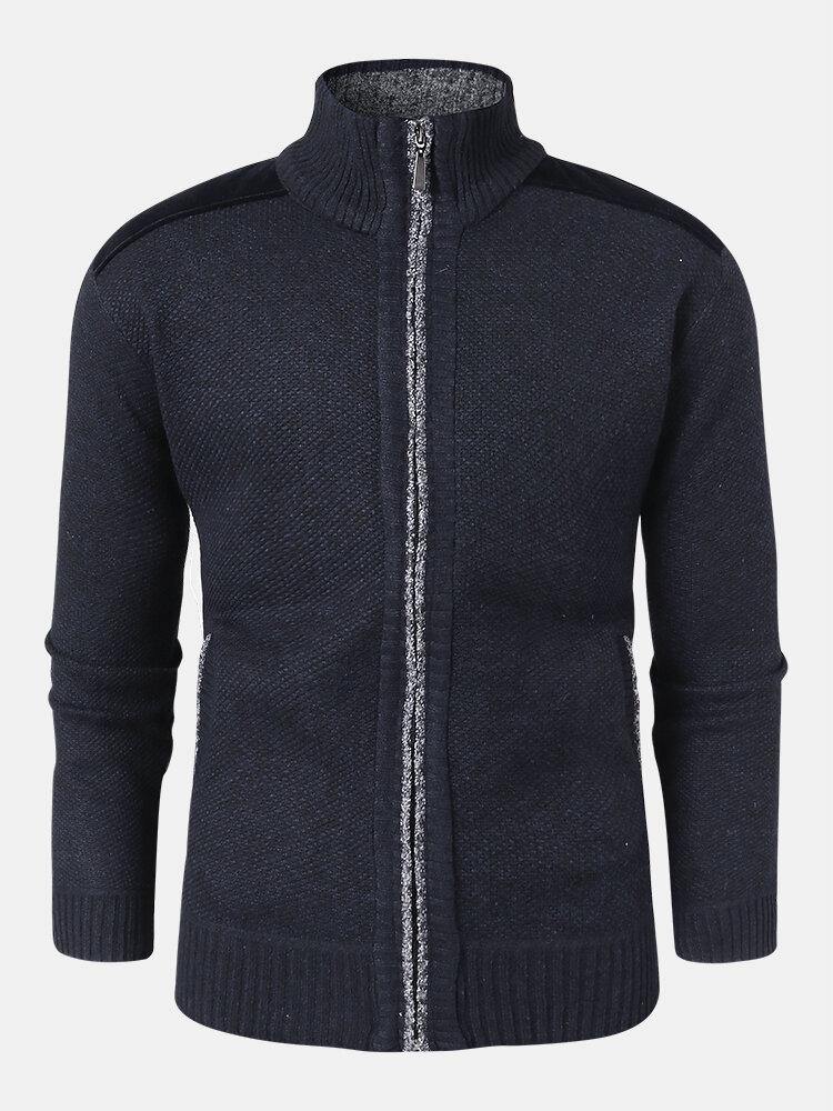 Mens Patchwork Zip Front Knit Patched Sleeve Warm Cardigans - Trendha