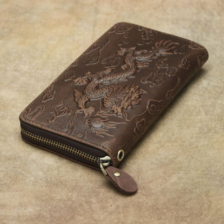 Men Genuine Leather Cowhide Dragon Pattern Retro Multi-slot Long Clutch Purse Card Holder Wallet - Trendha