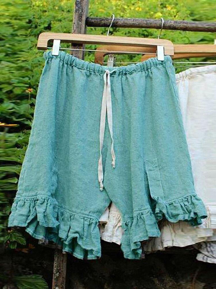 Solid Color Elastic Waist Ruffle Shorts Pants - Trendha