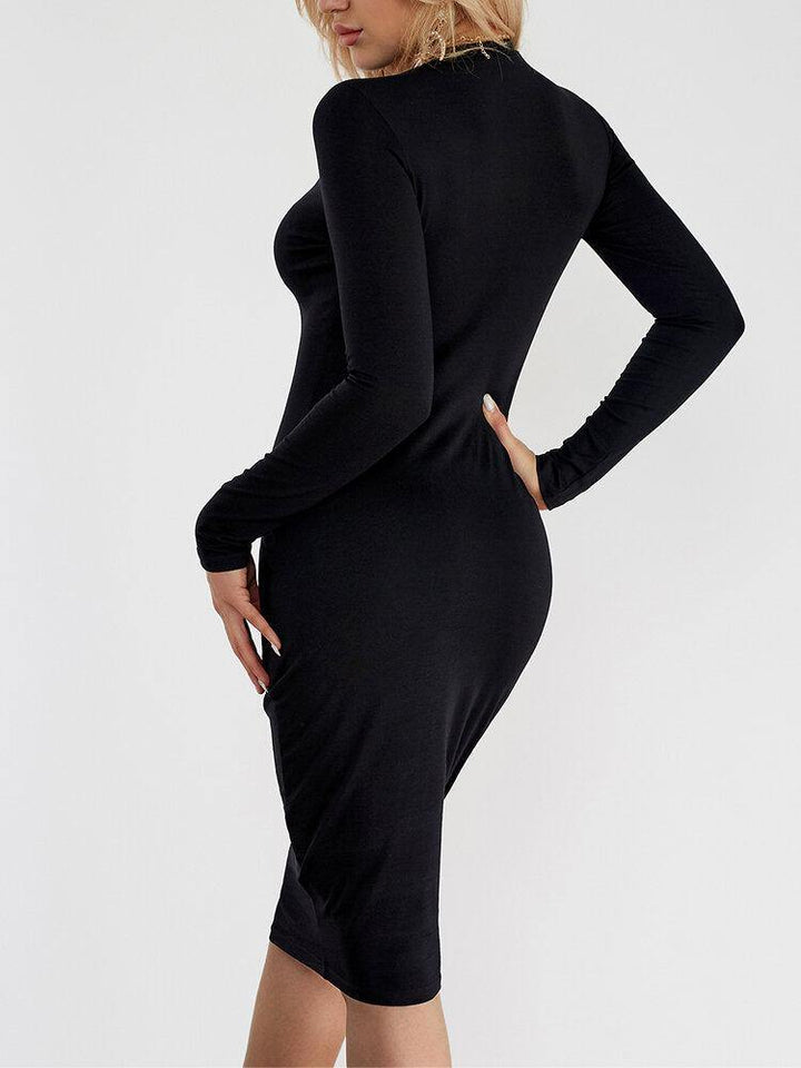 Black Round Neck Long Sleeve Slim Midi Dress - Trendha