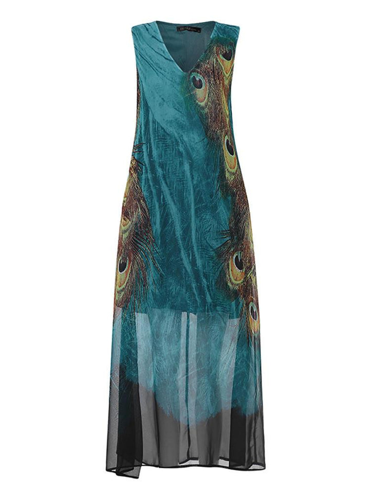 Women Sleeveless Peacock Print Bohemia Beach Long Maxi Dress - Trendha