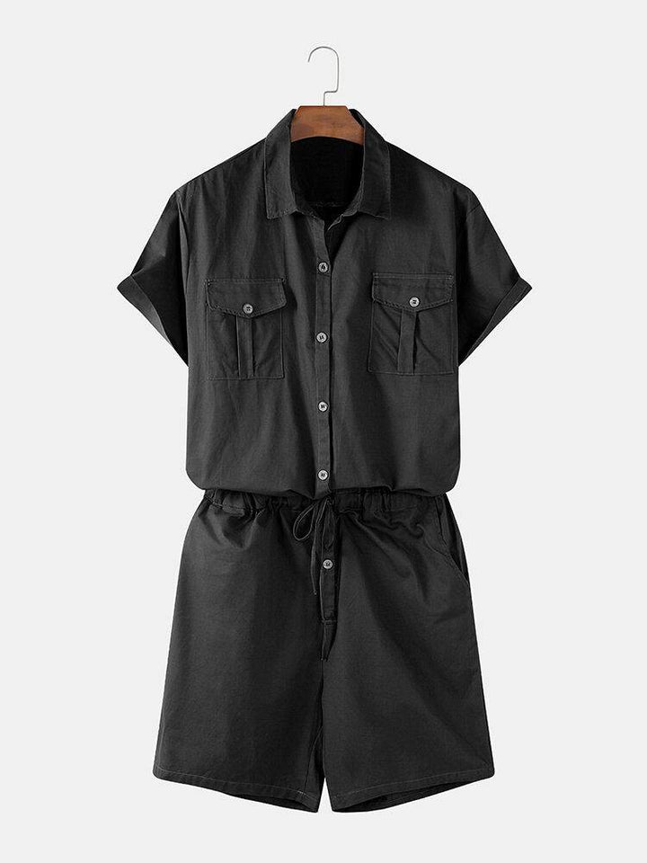 Mens Cotton Solid Color Multi Pocket Casual Short Sleeve Shorts Jumpsuits - Trendha