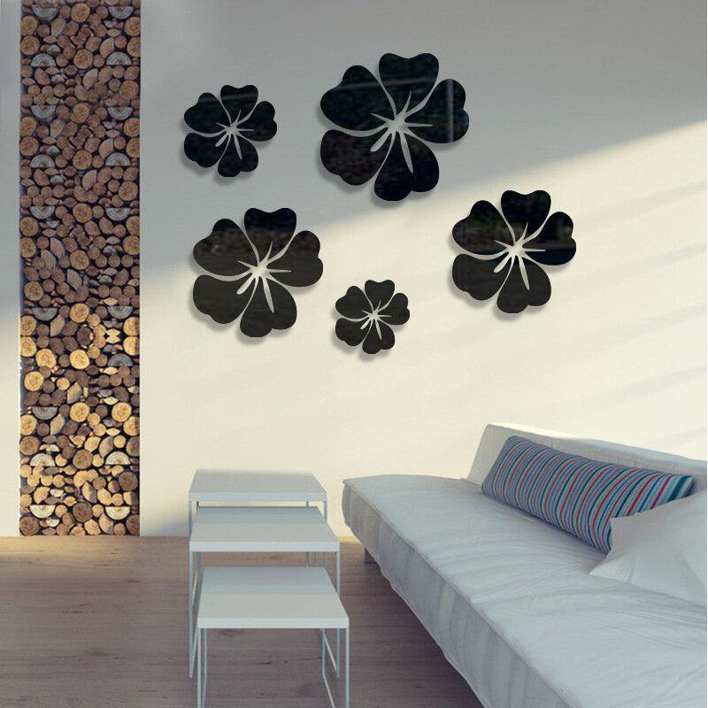 5Pcs Flower Pattern Mirror Sticker Home Decor 3D Decal Art DIY Mural Decal For Living Room Decoration PVC Self Adhesive Poster - Trendha