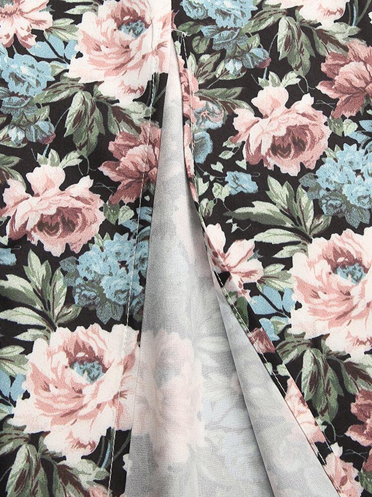 Women Floral Print Square Neck High Split Long Sleeve Slim Midi Dress - Trendha