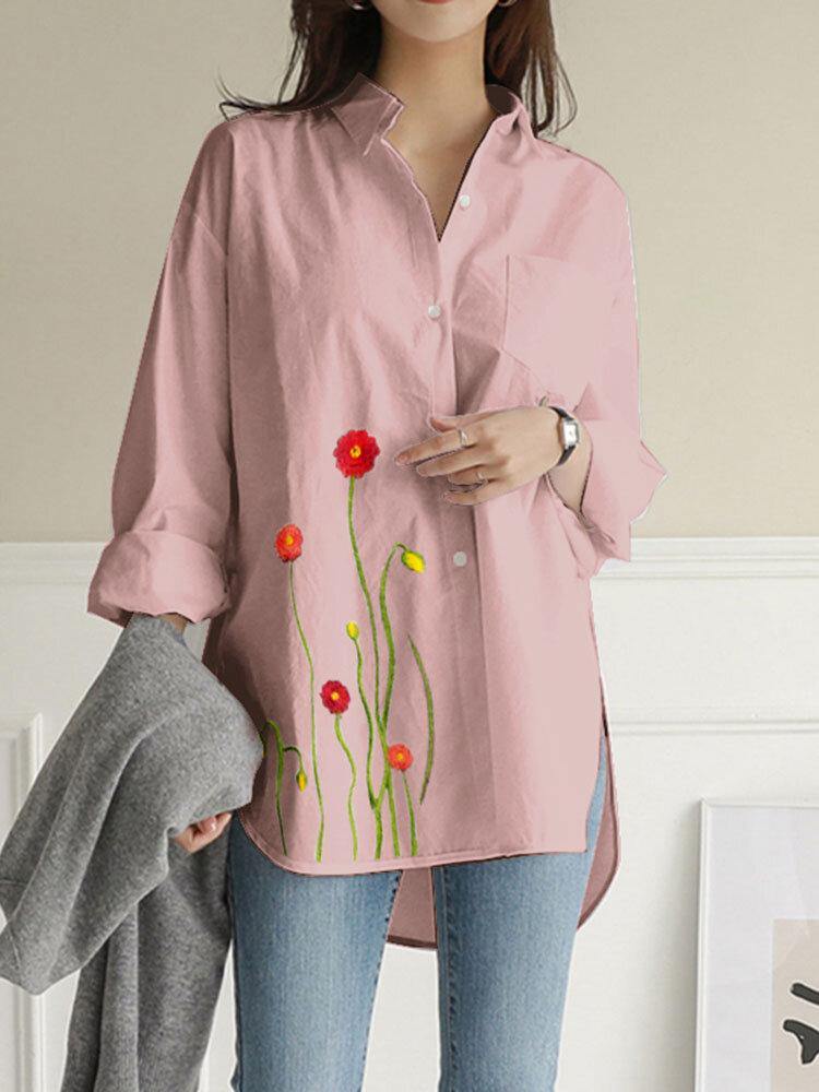 Women Flowers Embroidery Plain Lapel Long Sleeve Side Split Casual Blouse - Trendha