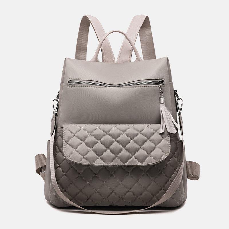 Women Multi-carry Oxford Diamond Pattern Anti-theft Waterproof Tassel Casual Backpack - Trendha