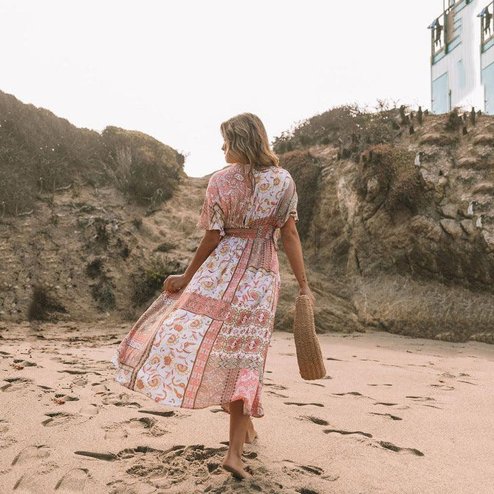 Women's Flowers Printed Dress Bohemian Irregular Beach Clothes - Trendha