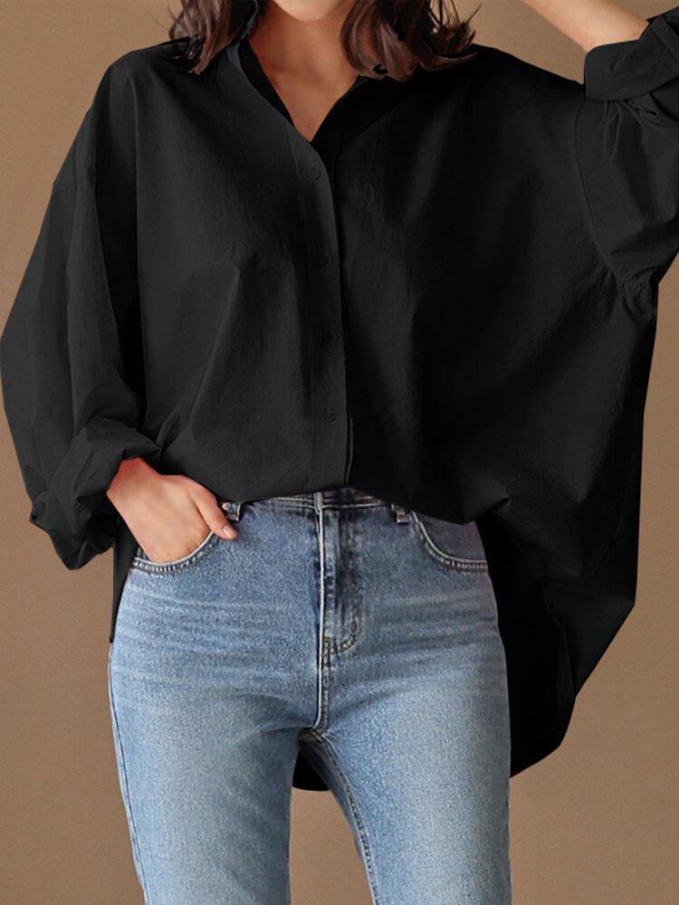 Loose Solid Turn-Down-Collar Full Sleeve Retro Women Blouse - Trendha