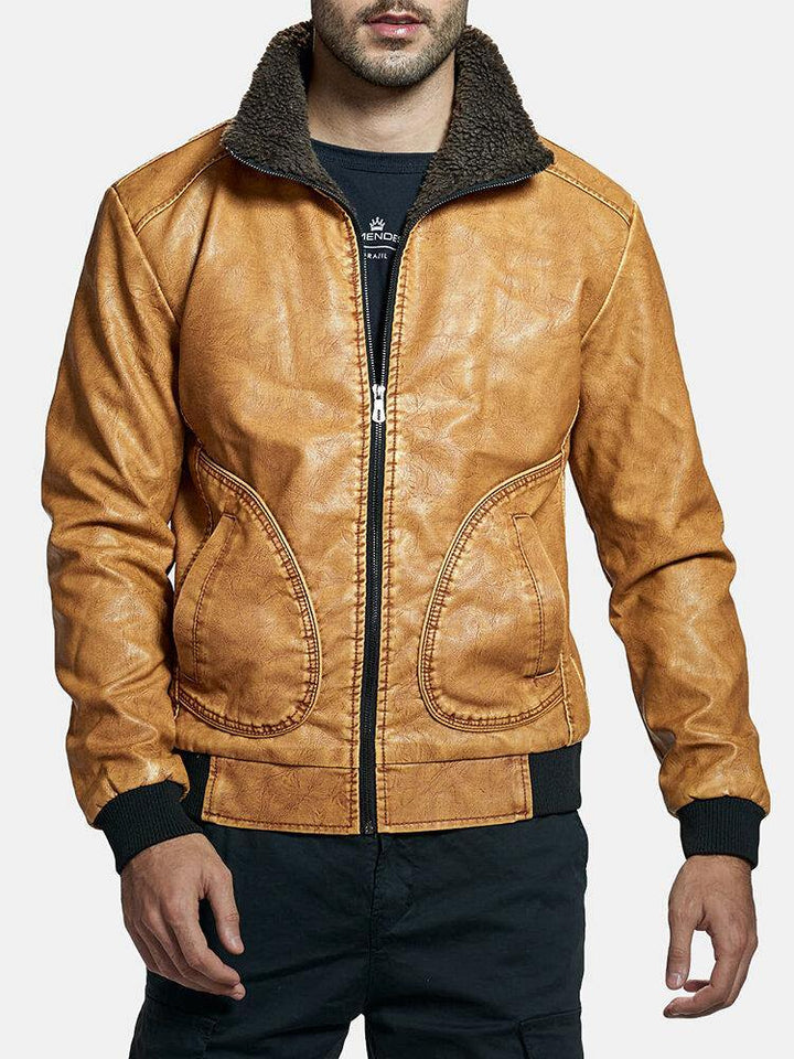 Mens Zip-Up Velvet Lined Stand Collar PU Leather Jackets - Trendha