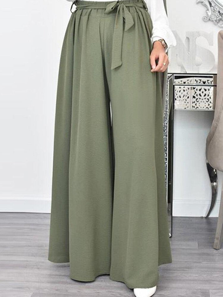Women Casual Loose Solid Color Lace-Up Elastic Waist Wide Leg Pants With Pockets - Trendha