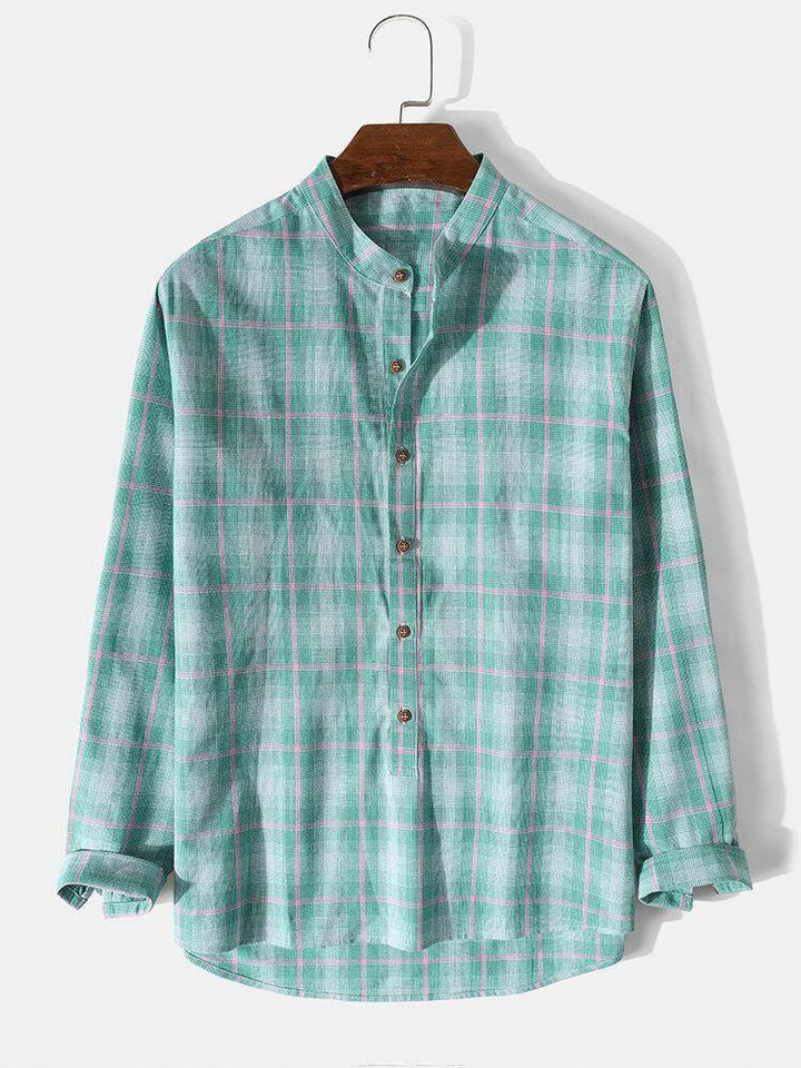 Mens 100% Cotton Plaid Stand Collar Long Sleeve Henley Shirts - Trendha