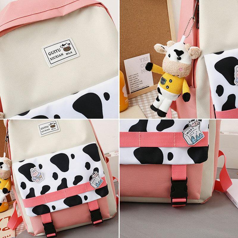 5 PCS Canvas Preppy Cow Pattern Multifunction Combination Bag Backpack Tote Crossbody Bag Clutch Wallet - Trendha