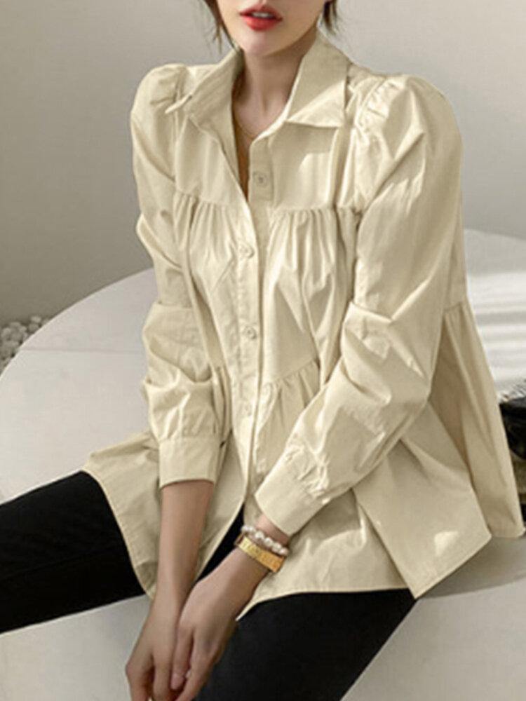 Woman Puff Sleeve Retro Solid Layered Blouse - Trendha