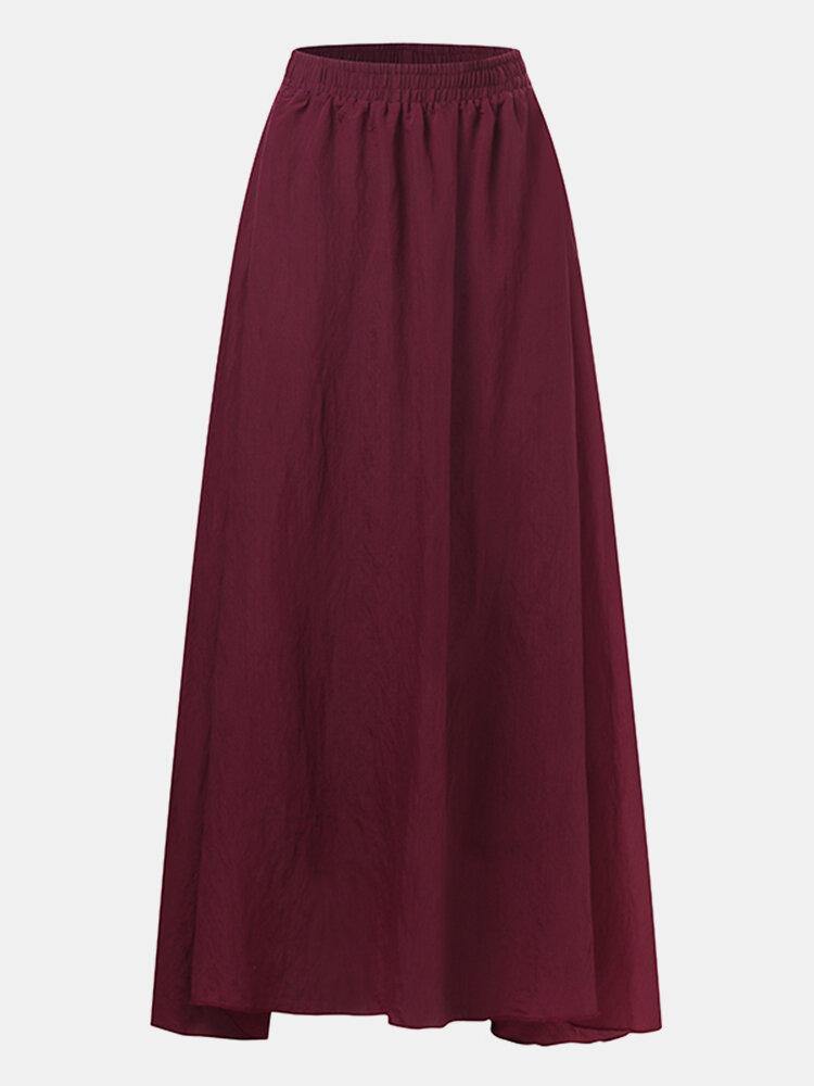 Women Big Swing Solid Color Elastic Waist Loose Casual Long Skirt - Trendha