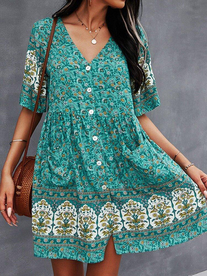 Bohemia Floral Ethnic V-neck Button Short Sleeve Print Dress - Trendha