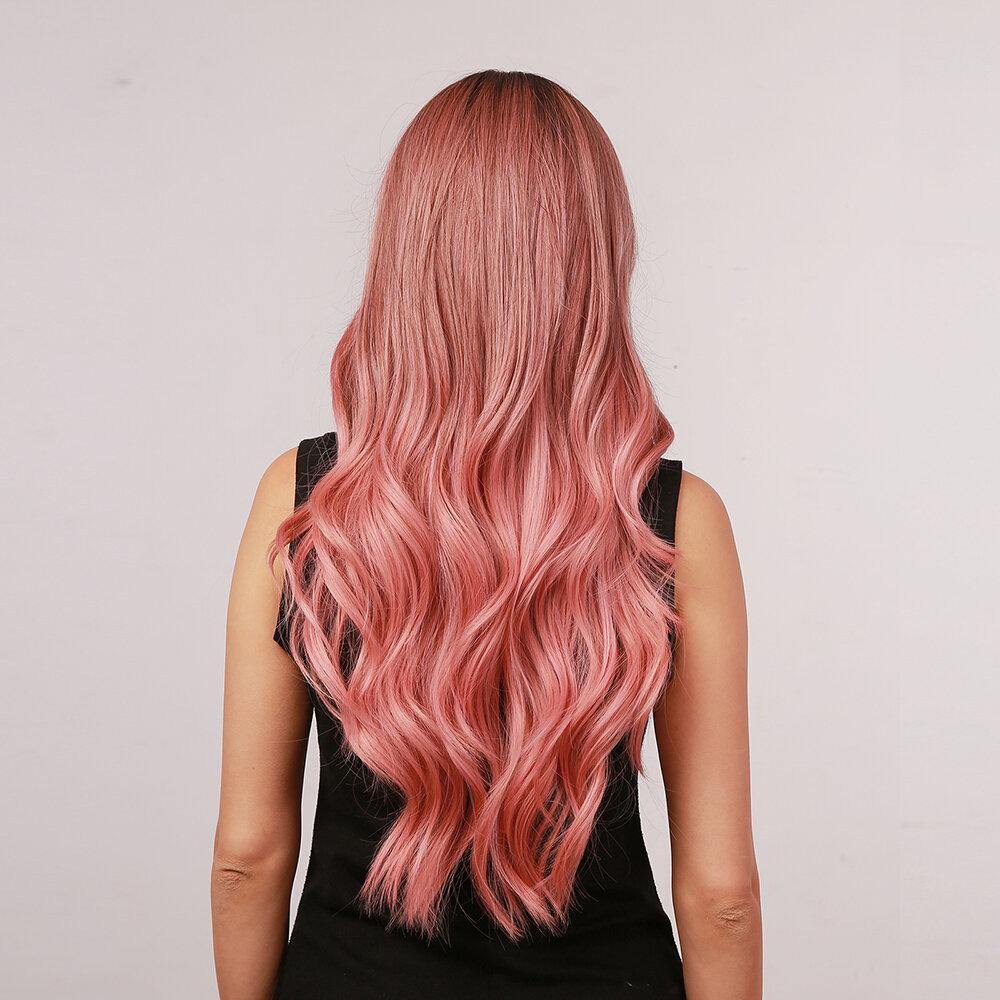 28 Inch Brown Gradient Pink Big Wave Length Curly Hair Air Bangs Christmas Full Head Cover Wig - Trendha