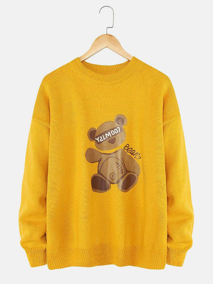 Mens Cartoon Bear Print Crew Neck Knit Casual Pullover Sweaters - Trendha