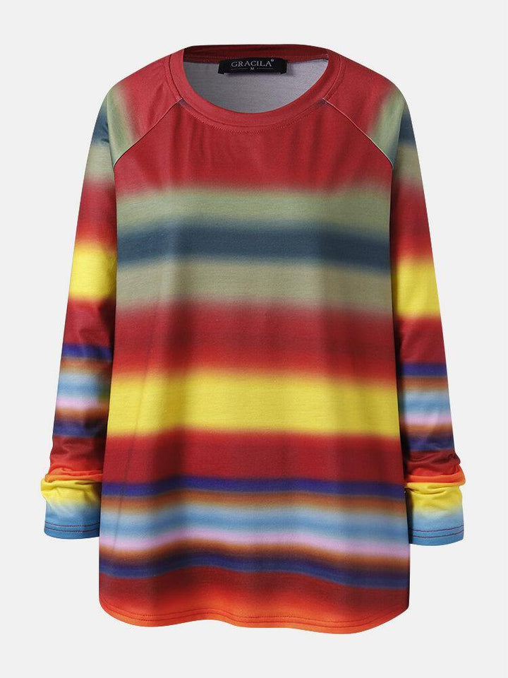Women Multi Color Ombre Striped O-Neck Raglan Sleeve Casual Sweatshirts - Trendha