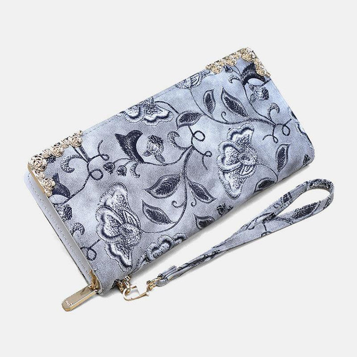Women PU Leather Floral Embroidery Pattern Clutch Purse Large Capacity Card Holder Wallet - Trendha