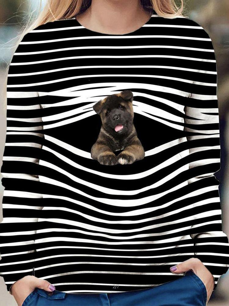 Women Stripe 3D Dog Print Pullover O-neck Long Sleeve Casual Sweatshirts - Trendha